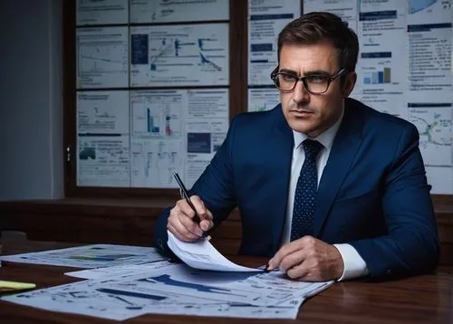 Software architect, middle-aged man, serious facial expression, glasses, short brown hair, white shirt, dark blue suit, tie, sitting, office, modern interior, wooden desk, computer screen, code on scr