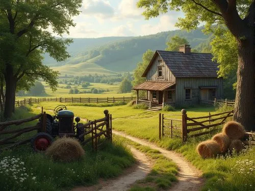 Rural landscape, traditional farmhouse, wooden fence, green pastures, rolling hills, ancient trees, winding dirt road, vintage tractor, rusty metal gate, old lanterns, hay bundles, wildflowers bloomin