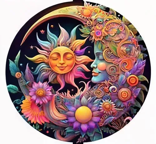 sun moon,sun and moon,spring equinox,3-fold sun,decorative plate,summer solstice,moon phase,decorative fan,dharma wheel,harmonia macrocosmica,psychedelic art,moonflower,pachamama,the zodiac sign pisces,flowers mandalas,dream catcher,cd cover,circular ornament,flower mandalas,horoscope taurus