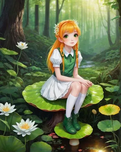 Anime, frog girl, solo, (12yo), green skin, big round eyes, eyelashes, yellow hair clips, orange hair, ponytail, white shirt, short pleated skirt, green boots, holding a lily pad, sitting on a mushroo