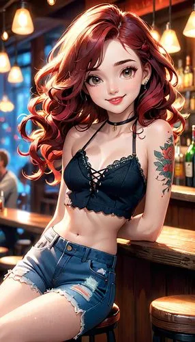 barmaid,bartender,barista,bar,waitress,nami,unique bar,redhead doll,jeans background,pub,ariel,tattoo girl,coffee background,red-haired,denim background,jean shorts,pin-up girl,poker primrose,pin up girl,the sea maid,Anime,Anime,Cartoon