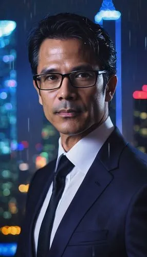 Cybersecurity expert, mature man, (40yo), short black hair, glasses, formal wear, white shirt, black tie, dark blue suit, standing, confident posture, cityscape, skyscraper, modern office building, ni