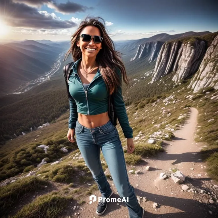 
generate a polaroid photo style image with the appearance of a photo weathered by time, with a 360 degree panoramic view, on a wonderful sunset day with a spectacular, wonderful sky and She is a very