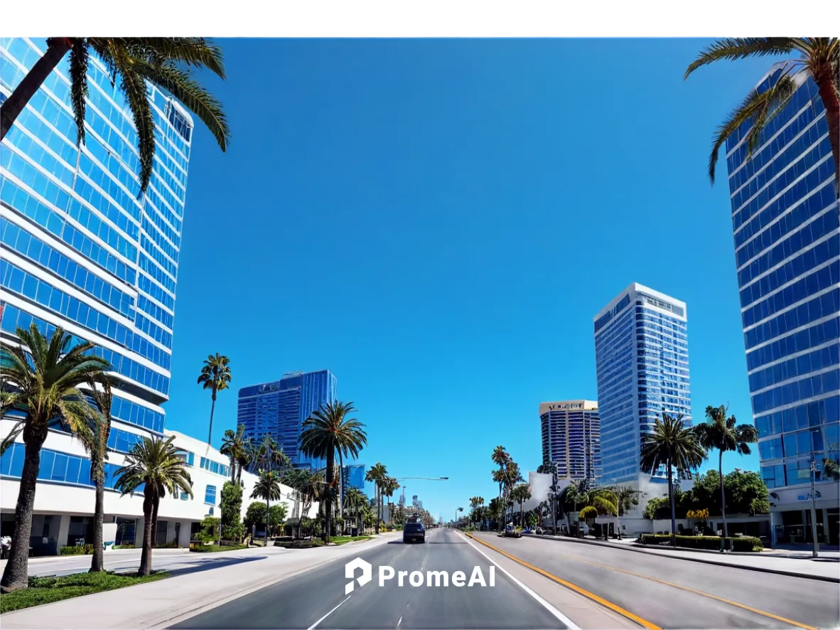 Anaheim, cityscape, sunny day, clear blue sky, palm trees, modern skyscrapers, busy streets, cars moving, people walking, vibrant colors, detailed architecture, warm lighting, panoramic view, high-ang