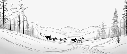 sleigh ride,skijoring,mushing,dog sled,sledding,cross-country skiing,sled dog racing,skiers,ski touring,sled,snow trail,backcountry skiiing,snowfield,christmas skiing,snow slope,winter trip,winter background,ski race,cross country skiing,snowboarding,Illustration,Black and White,Black and White 04