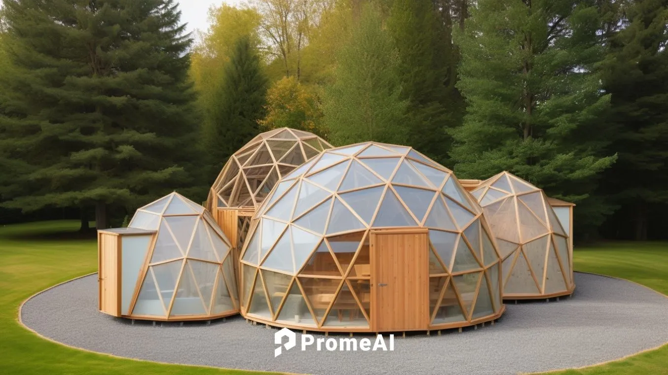 Imagine a vibrant garden setting under the clear light of day. In the heart of this garden stands a striking geodesic dome structure, crafted from warm-toned cedar or sustainable wood. Its intricate g