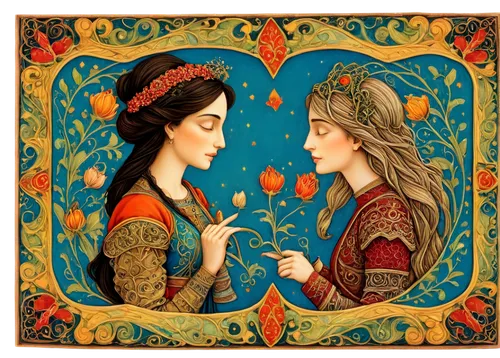 cocorosie,dossi,hearsts,safavid,noblewomen,courtship,courting,quarreling,iconographer,melozzo,confidantes,garamantes,wlw,handmaidens,sheherazade,muharem,two girls,dialoguing,raphaelites,courtships,Art,Classical Oil Painting,Classical Oil Painting 28