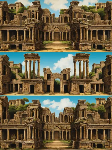 house with caryatids,columns,egyptian temple,atlantis,doric columns,pompeii,rome 2,karnak,temples,ruins,loss,pillars,ancient buildings,artemis temple,acropolis,ancient city,backgrounds,celsus library,image montage,ephesus,Art,Classical Oil Painting,Classical Oil Painting 17