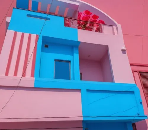 a tall pink building with a blue balcony and a flower pot,colorful facade,south beach,usj,linq,cube house,kitschy,Photography,General,Realistic