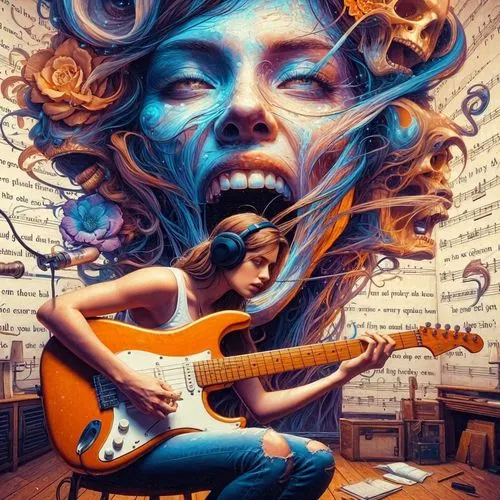 psychedelic art,guitar head,guitar player,musician,painted guitar,woman playing,electric guitar,guitar,guitarist,guitar solo,graffiti art,guitars,woman playing violin,playing the guitar,concert guitar,rock music,music,music book,musicians,wall art