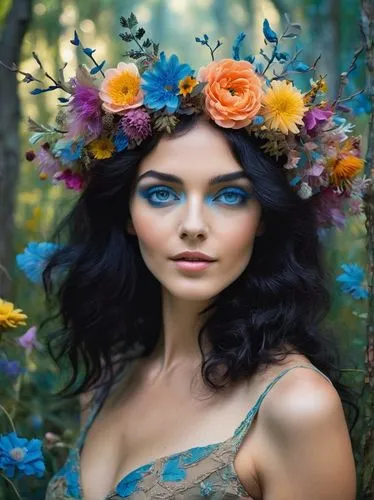 beautiful girl with flowers,elven flower,faerie,faery,flower fairy,girl in flowers,fae,flower crown,wreath of flowers,fairy queen,girl in a wreath,fairy peacock,celtic woman,floral wreath,blue flowers,wild flower,blue enchantress,splendor of flowers,dryad,flowers png,Illustration,Realistic Fantasy,Realistic Fantasy 40