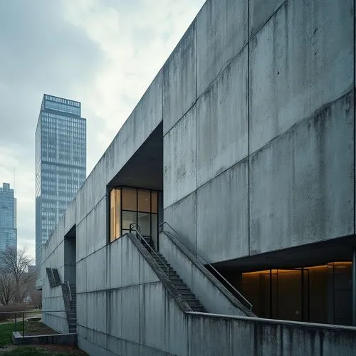 Modern architecture, Gainsboro color, building facade, exterior wall, concrete material, rough texture, brutalist style, urban cityscape, skyscraper background, cloudy sky, natural light, 3/4 composit