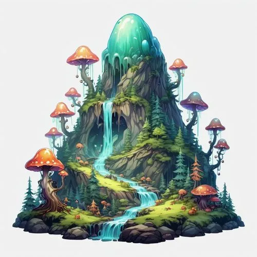 mushroom island,mushroom landscape,fairy village,fairy chimney,fairy house,fairy forest,Illustration,Abstract Fantasy,Abstract Fantasy 11