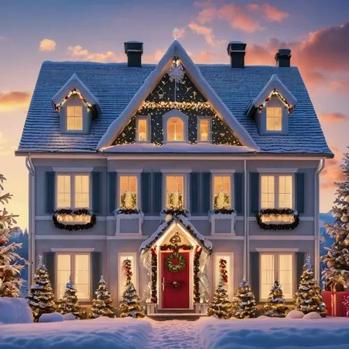 Christmas decorated house, cinematic wallpaper ,christmas house,winter house,gingerbread house,christmas landscape,christmas scene,the gingerbread house,christmas town,christmas motif,christmas decora