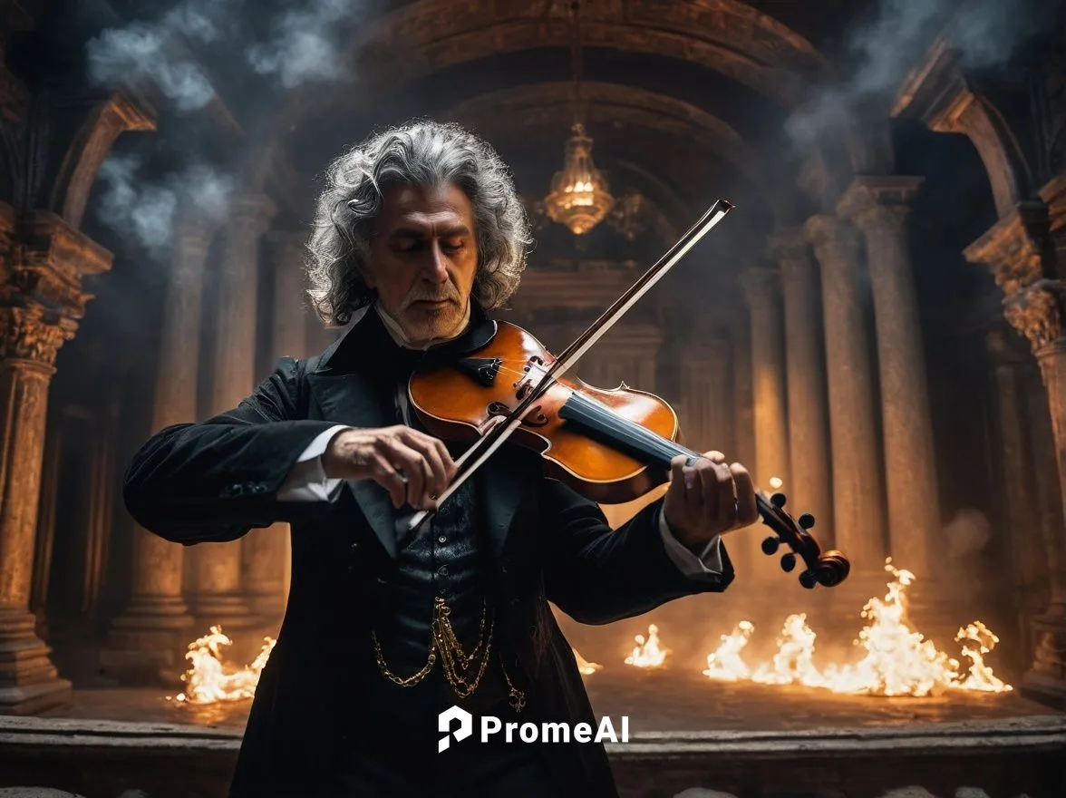 Old vampire with frizzy hair plays slow dramatic music on violin inside a dark dusty temple surrounded with smoke ghosts, waves of light. Scene from 1800s, black statues, bottom to up view,concertmast