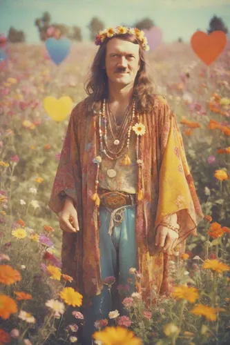 a man dressed as a hippie happy, surrounded by flowers and psychedelic hearts,hippie time,hippie,field of flowers,70s,hippy,immerwurzel,persian poet,guru,hippy market,bach flower therapy,enrico caruso