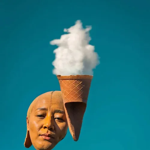 woman with ice-cream,conceptual photography,asian conical hat,tea zen,ice cream cone,ice cream on stick,tea cup fella,buddhist monk,breathing mask,asian teapot,conical hat,woman sculpture,smoke art,as