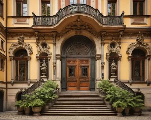 Historic Prague, AAAD Academy of Arts Architecture and Design, Baroque-style building, ornate stone carvings, grand entrance with large wooden doors, staircases with intricate iron railings, high ceil