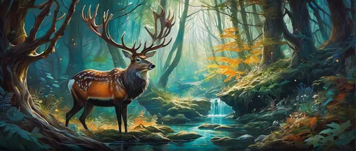 deer illustration,forest background,forest animal,elk,deer drawing,deer,stag,european deer,elven forest,deer in tears,forest animals,male deer,bambi,forest landscape,world digital painting,fantasy picture,gold deer,whitetail buck,whitetail,pere davids deer,Illustration,Paper based,Paper Based 04