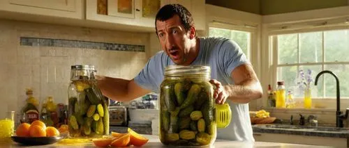 Adam Sandler, funny expression, messy brown hair, casual wear, white t-shirt, blue denim jeans, sneakers, holding a giant transparent glass jar of pickles, pickle juice dripping down his arm, kitchen 