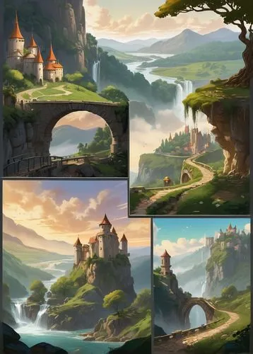 Fantasy melk landscape, rolling hills, misty atmosphere, medieval-inspired stone castle, intricate bridges, winding rivers, lush greenery, tall trees with glowing mushrooms, sparkling waterfalls, dram