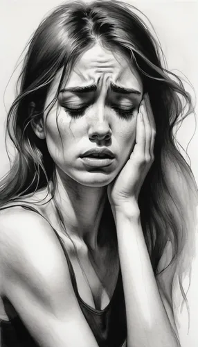 A black and white charcoal sketch of a sad young woman crying and shedding tears,depressed woman,charcoal drawing,stressed woman,child crying,worried girl,anxiety disorder,sad woman,frustration,charco