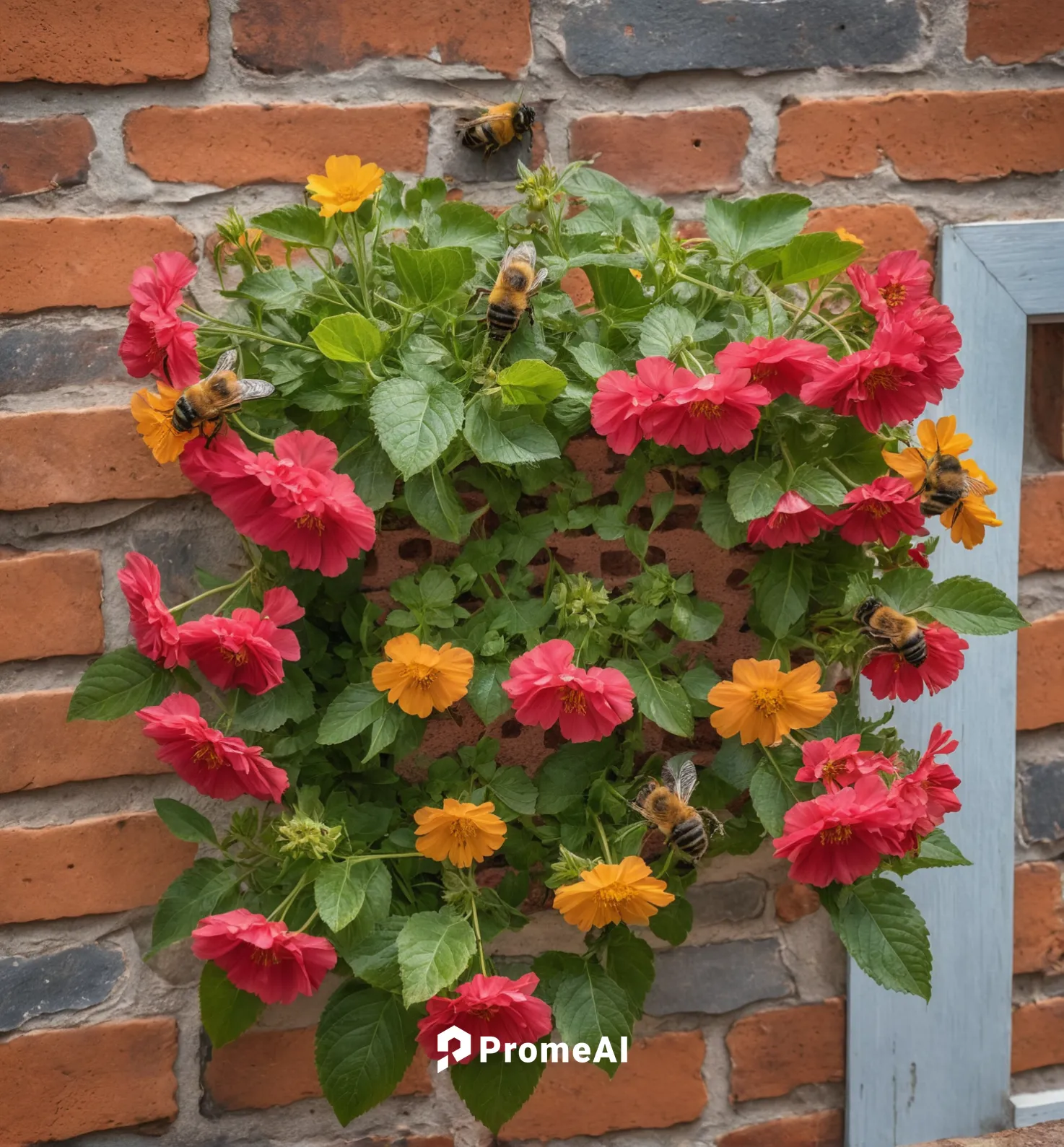 Three Bees over flowers, in a basket hanging on the brick wall of a house,rose wreath,hanging basket,terracotta flower pot,blooming wreath,flower wreath,wreath of flowers,autumn wreath,flower pot hold