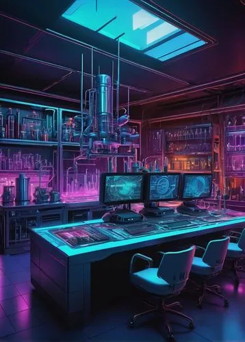 computer room,neon cocktails,cyberpunk,neon drinks,laboratory,ufo interior,cyberscene,nightclub,neon coffee,study room,computer workstation,cybercafes,the server room,liquor bar,computerized,lab,spaceship interior,80's design,aesthetic,modern office,Illustration,Retro,Retro 24