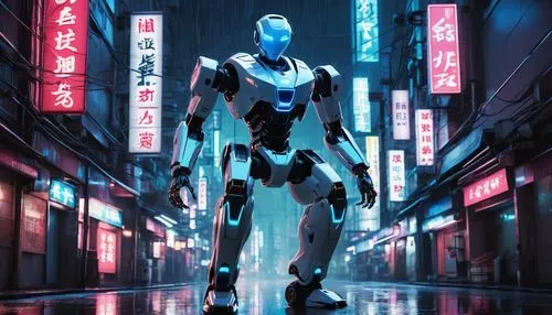 Shaka AI robot, metallic body, glowing blue eyes, slender legs, sharp claws, advanced sensors, futuristic design, neon lights, cityscape background, Tokyo streets, rainy night, dark alleys, misty atmo