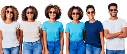 Happy smiling people, group photo, casual wear, jeans, t-shirts, sunglasses, natural hair, soft facial features, gentle smile, warm skin tone, shallow depth of field, soft focus, blurred background, 3