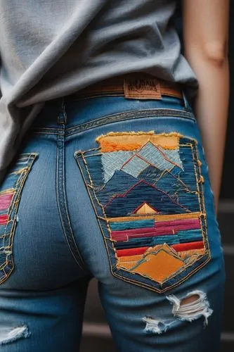 Fabric patch, vibrant colors, intricate stitching, geometric patterns, worn edges, faded denim, golden thread, embroidered logo, distressed texture, ripped knees, streetwear style, casual atmosphere, 