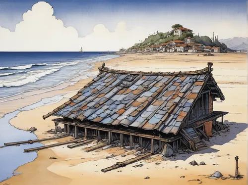 fisherman's hut,fisherman's house,fishing village,straw hut,wooden hut,wooden houses,thatch roof,hanok,wooden house,wooden roof,ancient house,beach hut,thatched roof,korean folk village,japan landscape,hashima,floating huts,house of the sea,beach landscape,seaside resort,Illustration,Realistic Fantasy,Realistic Fantasy 06