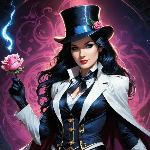 zatanna,zatara,magicienne,wiccan,helsing,jarlaxle,lilandra,ringleader,magician,milady,ringmaster,sorceresses,ashe,alucard,sorceress,noblewoman,victorian lady,purple rose,countess,victoriana,Illustration,Realistic Fantasy,Realistic Fantasy 25