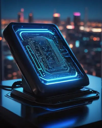 Futuristic AI generator app, sleek metal casing, glowing blue circuit lines, holographic display screen, rounded edges, ergonomic grip, metallic finish, minimalist design, modern laboratory background