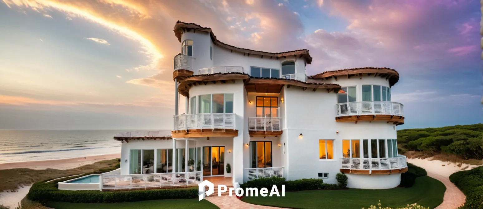 Nestled along the coastline of Florida, a breathtakingly beautiful White Stucco House Style with brown mix terracotta roof commands a panoramic view of the ocean, and large waves, perched majestically