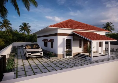 Insert a background image depicting a coconut farm under a late evening sky.,an image of a modern style home from the front,holiday villa,3d rendering,residential house,carports,render,exterior decora