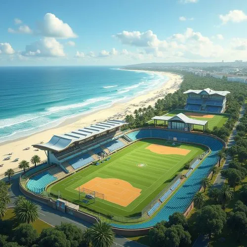 Seaside sports complex, oceanfront athletic facilities, lush green grass, sandy beach transition, coastal erosion prevention systems, eco-friendly drainage solutions, wave-inspired architecture, moder