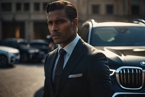 A man black wearing a suit stands in front of a bmw Suv, in the style of intense chiaroscuro portraits, luxurious interiors, polished concrete, mechanical designs, strong facial expression, dotted, 32