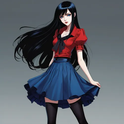 An anime-style vampire who appears to be 17 years old, with long black hair, blue eyes, 1.7 meters and 50 kg, with red clothes, wearing a skirt and high heels,azusa nakano k-on,gentiana,stocking,anime