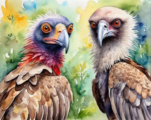 Craft a humorous dialogue between a mischievous vulture and a weary traveler lost in the wilderness.,parrot couple,couple macaw,vultures,bird couple,bird painting,passerine parrots,bald eagles,parrots