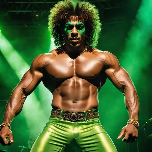 The skyline of an ornate, gritty concert hall is illuminated by the warm glow of fluorescent lights as a piercing green light radiates from above the city. The glowing eyes of his muscular counterpart