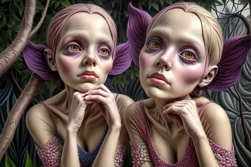 style peinture  rené Magritte,  assez  colorée, couleurs primaires seulement,faery,mirror image,surrealism,faerie,dryad,violet head elf,bodypainting,parallel worlds,surrealistic,psychedelic art,fae,sp