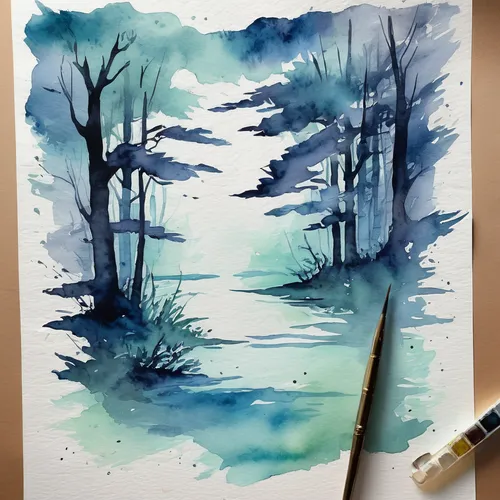 Write a thrilling suspense story about a framed paper that reveals the darkest secret,watercolor background,watercolor blue,watercolor tree,winter forest,watercolor,small landscape,forest landscape,fo