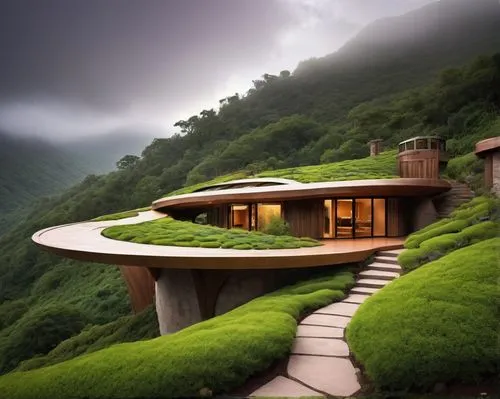 grass roof,roof landscape,house in mountains,landscaped,house in the mountains,asian architecture,amanresorts,dreamhouse,moss landscape,beautiful home,tea garden,home landscape,teahouse,fallingwater,greenery,turf roof,terraced,tea plantations,tulou,green living,Conceptual Art,Oil color,Oil Color 11