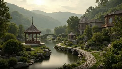 rivendell,riftwar,mountain settlement,fantasy landscape,alpine village,nargothrond,escher village,asian architecture,gondolin,mountain village,wooden bridge,riverwood,beleriand,fairy village,knight village,elves country,dorne,dragon bridge,home landscape,fantasy picture