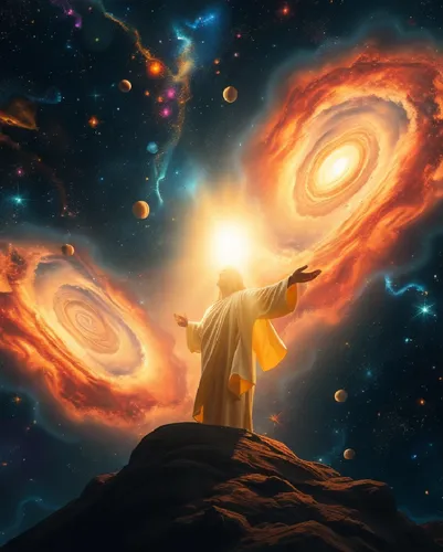 the divine jesus standing in front of two massive galaxy,astral traveler,cosmically,astronomy,astronomer,elohim,celestial