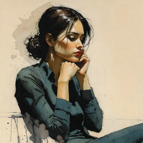 illustration, woman thinking,woman sitting,girl sitting,woman thinking,fashion illustration,woman at cafe,pensive,young woman,girl portrait,woman portrait,girl drawing,girl in a long,depressed woman,g