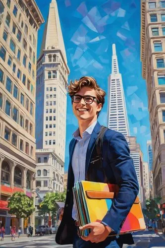 Modern young adult, male, intern, (20yo), casual wear, glasses, messy brown hair, smiling face, holding a large portfolio case, standing in front of a San Francisco skyscraper, The Transamerica Pyrami