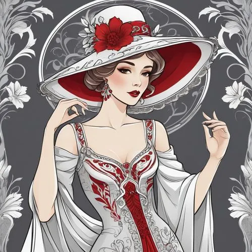 victorian lady,rose white and red,queen of hearts,victorian style,victorian fashion,fashion illustration,fashion vector,white rose snow queen,porcelain rose,vampire lady,white and red,the hat of the woman,white lady,art nouveau,beautiful bonnet,valentine pin up,art nouveau design,rose flower illustration,geisha girl,lady in red,Illustration,Retro,Retro 13