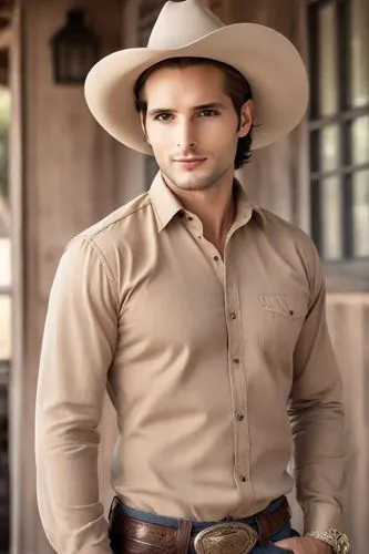 Strong man would look elegant and modern with a traditional touch. He would wear jeans, shirt, cowboy hat, and polished leather boots. His hair would be dark. Mexican ranch house. Horse. Rich family,f